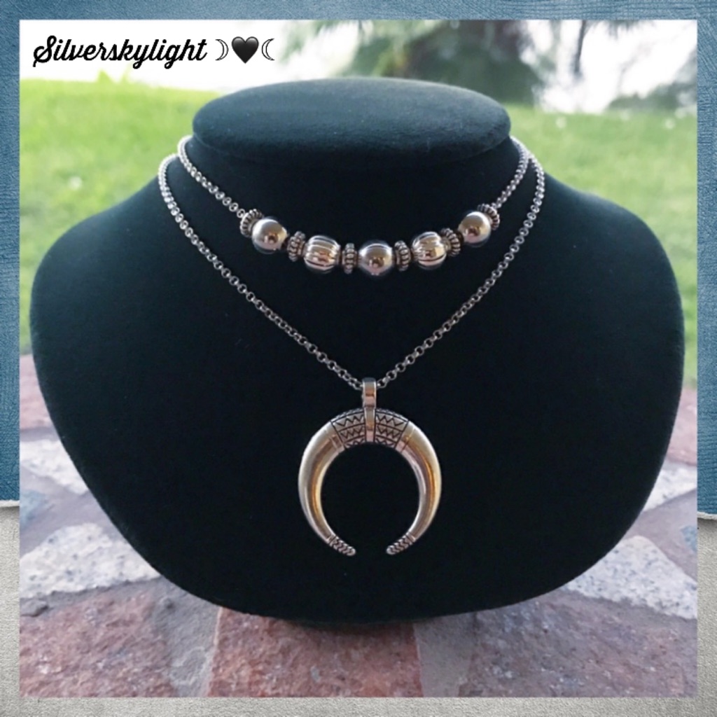 Double Layer Crecent Moon Horn Silver Necklace